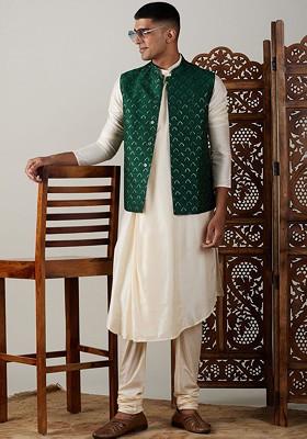 Cream Embellished Poly Blend Kurta Set For Men