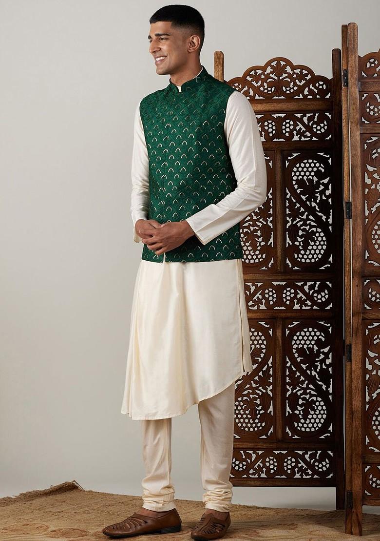 Cream Embellished Poly Blend Kurta Set For Men