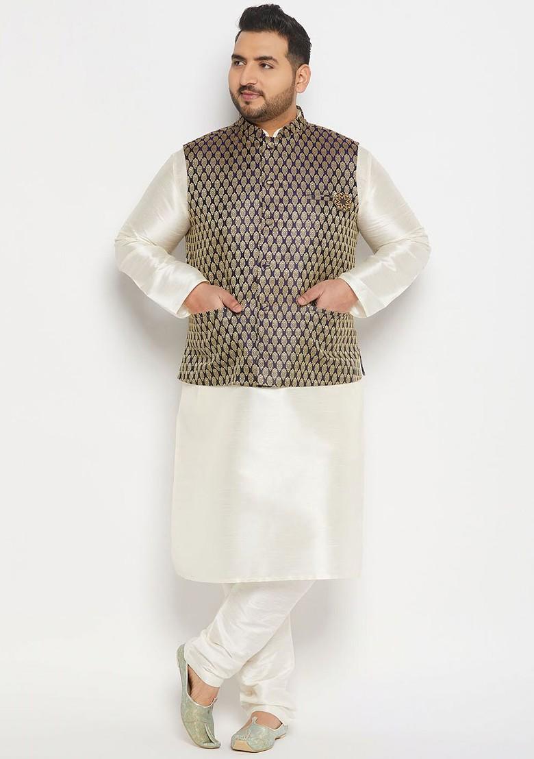 Cream Solid Poly Blend Kurta Set For Men