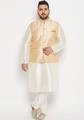 Cream Woven Poly Blend Kurta Set For Men