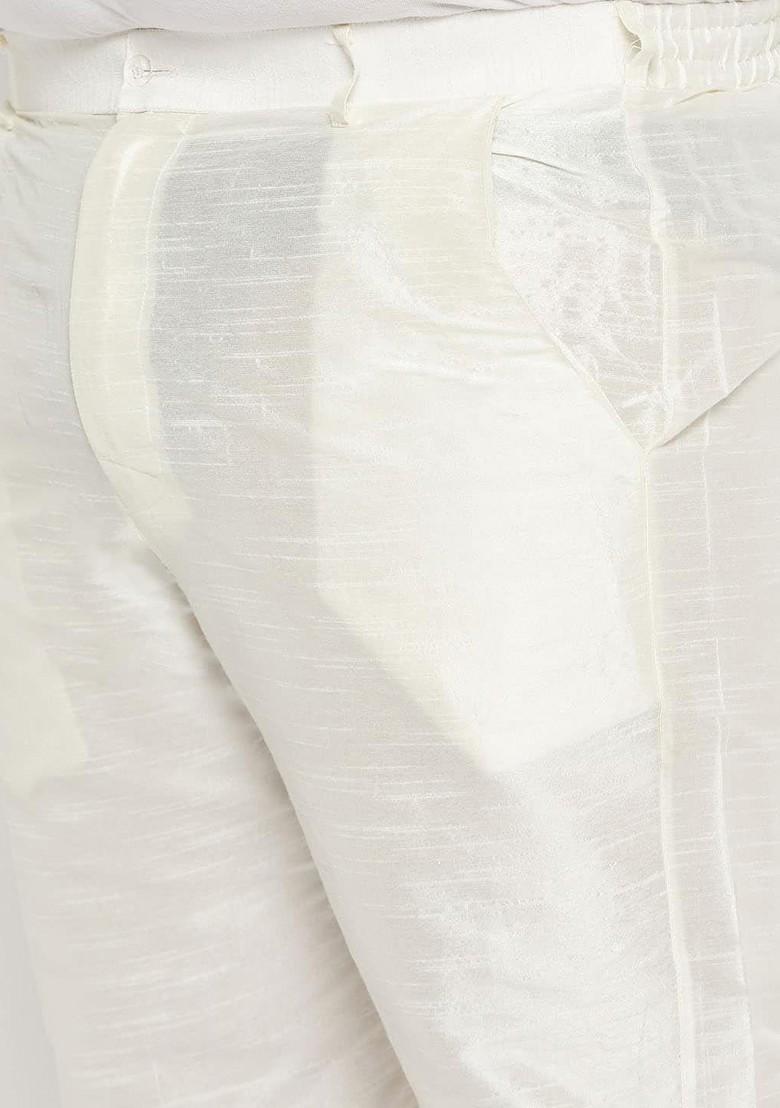 Cream Woven Poly Blend Kurta Set For Men