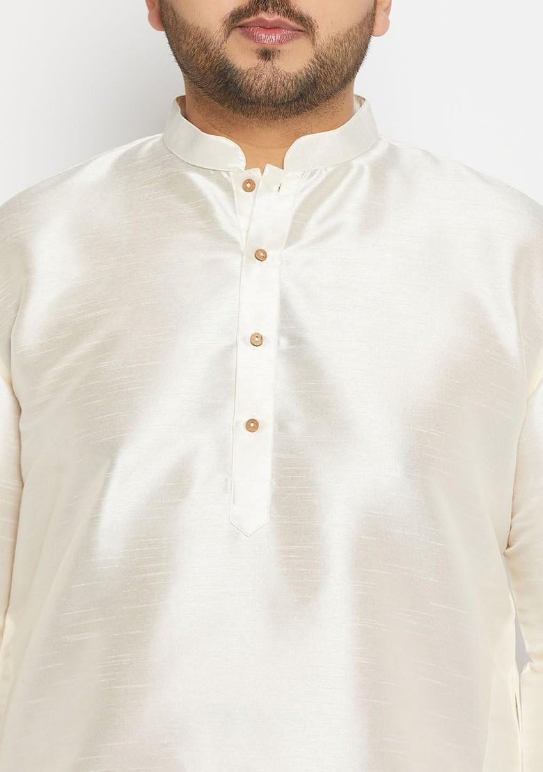 Cream Woven Poly Blend Kurta Set For Men