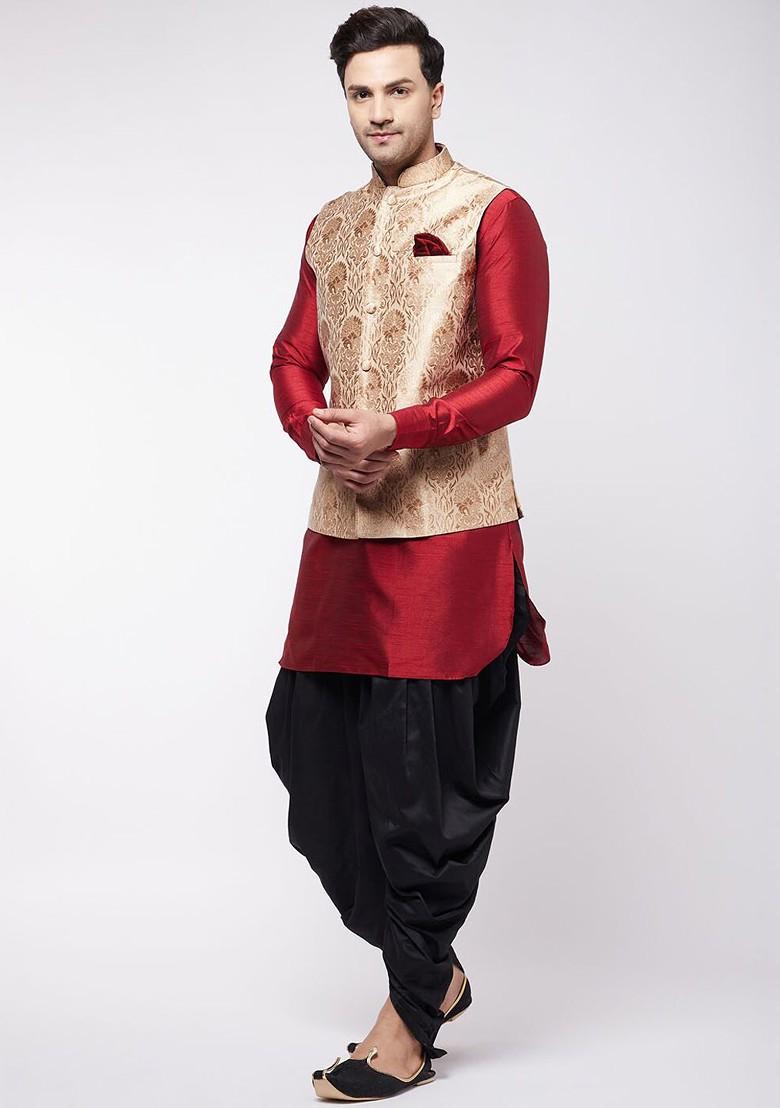 Maroon Woven Poly Blend Kurta Set For Men
