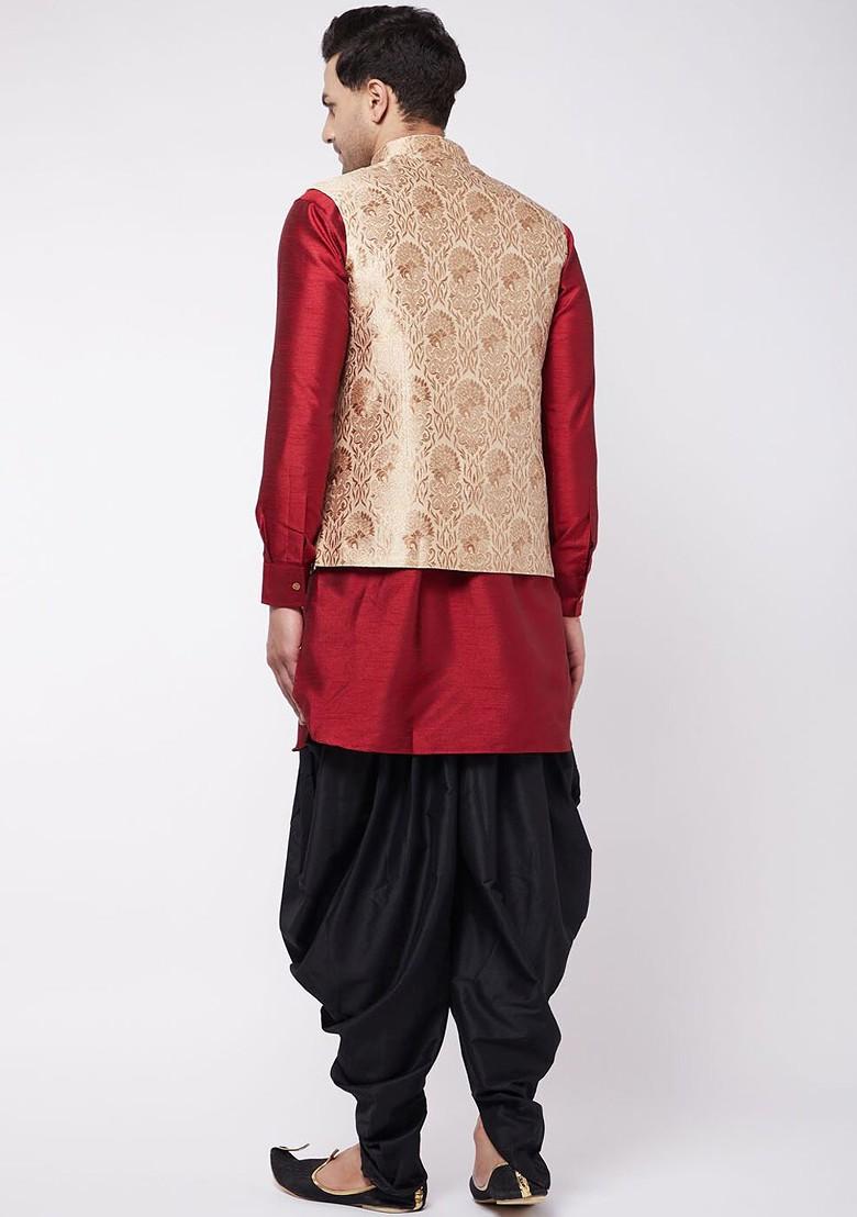 Maroon Woven Poly Blend Kurta Set For Men