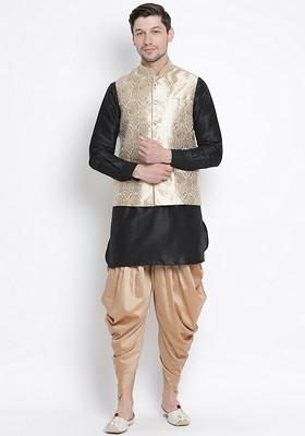 Black Woven Poly Blend Kurta Set For Men