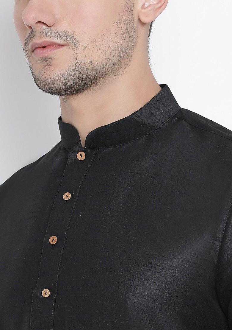 Black Woven Poly Blend Kurta Set For Men