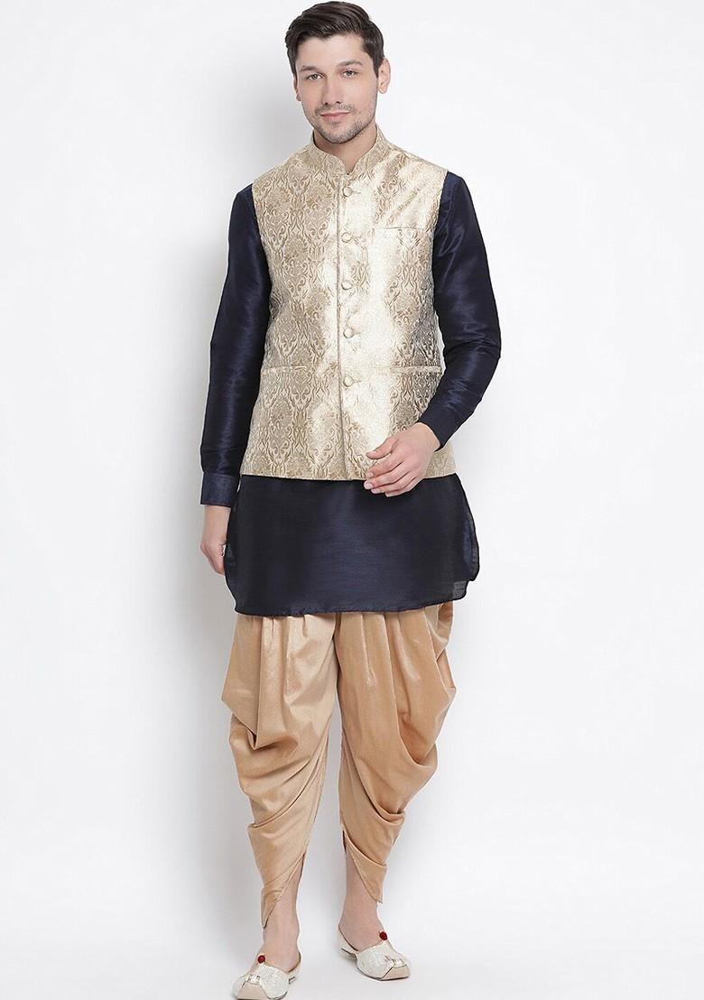 Navy Blue Solid Poly Blend Kurta Set For Men