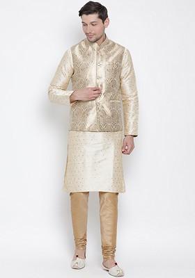 Cream Woven Poly Blend Kurta Set For Men