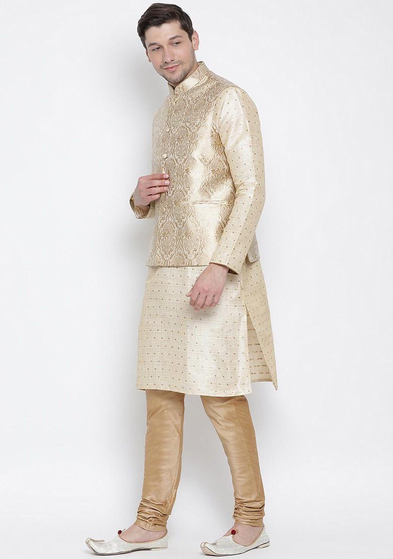 Cream Woven Poly Blend Kurta Set For Men