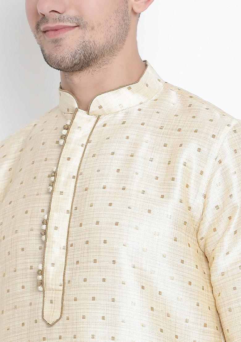 Cream Woven Poly Blend Kurta Set For Men