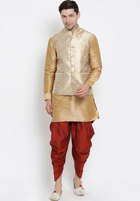 Gold Woven Poly Blend Kurta Set For Men