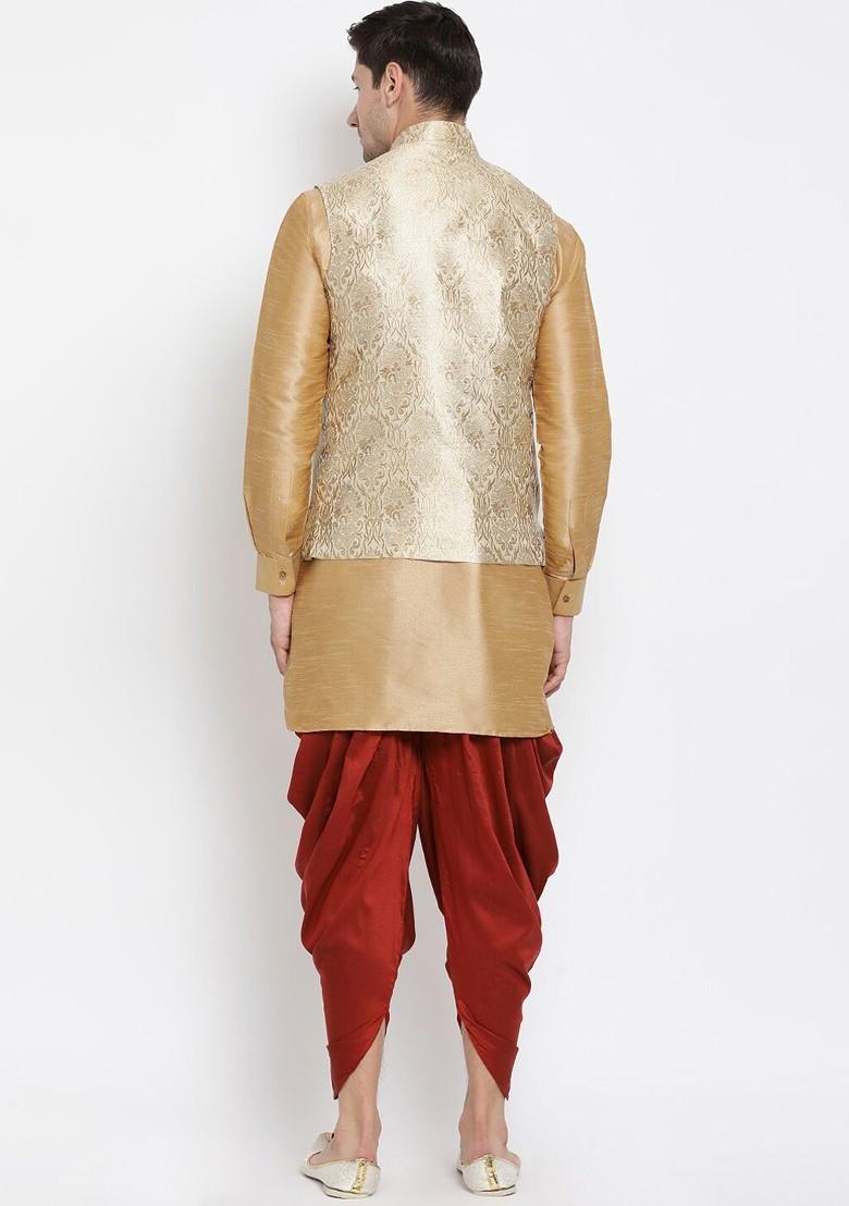 Gold Woven Poly Blend Kurta Set For Men