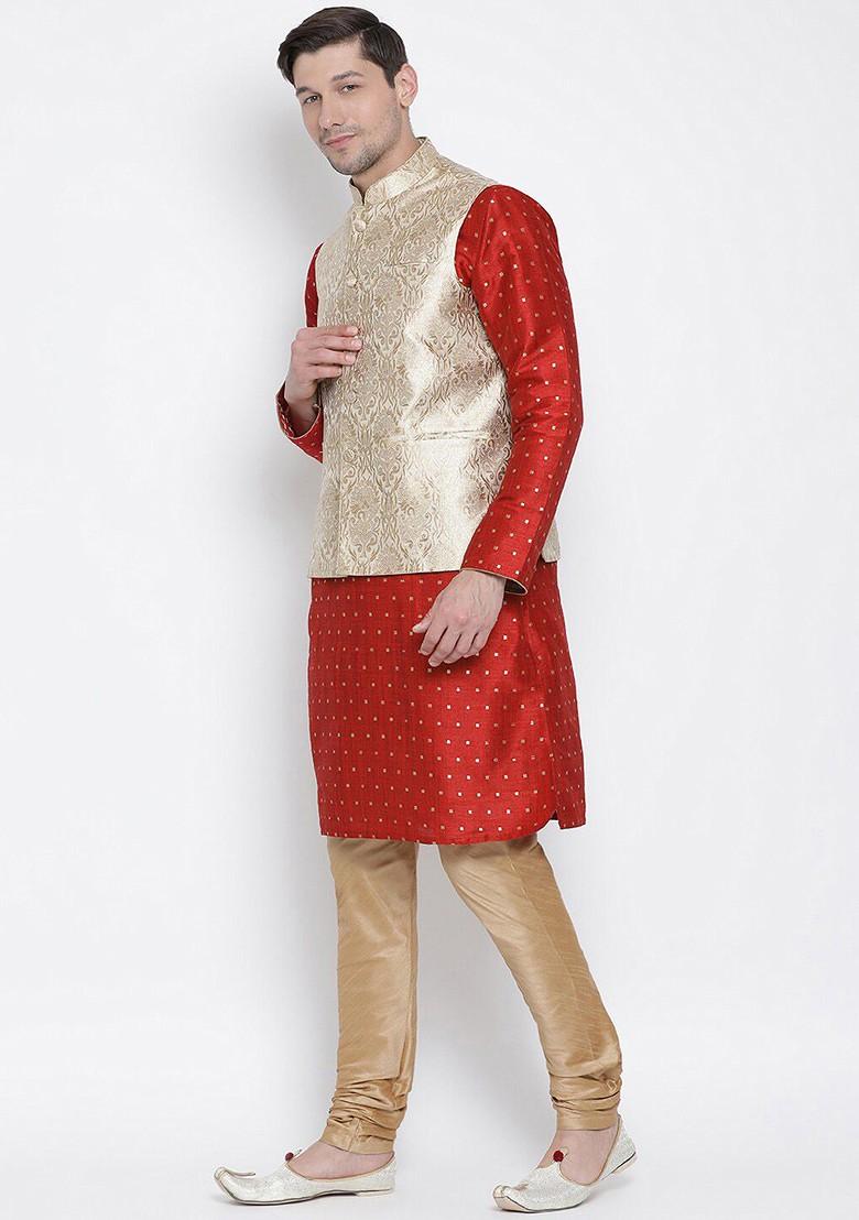 Maroon Geometric Print Poly Blend Kurta Set For Men