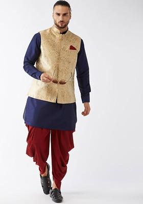 Navy Blue Solid Poly Blend Kurta Set For Men