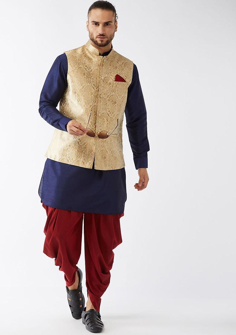Navy Blue Solid Poly Blend Kurta Set For Men
