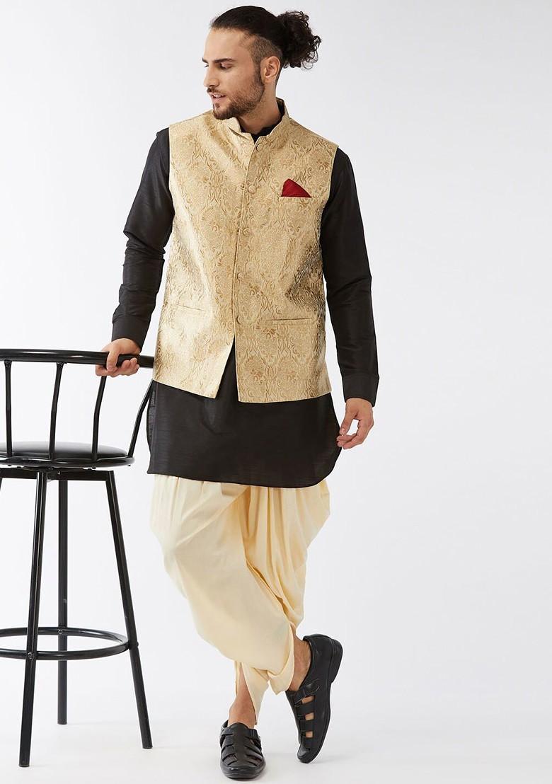 Black Solid Poly Blend Kurta Set For Men