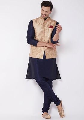 Navy Blue Solid Poly Blend Kurta Set For Men