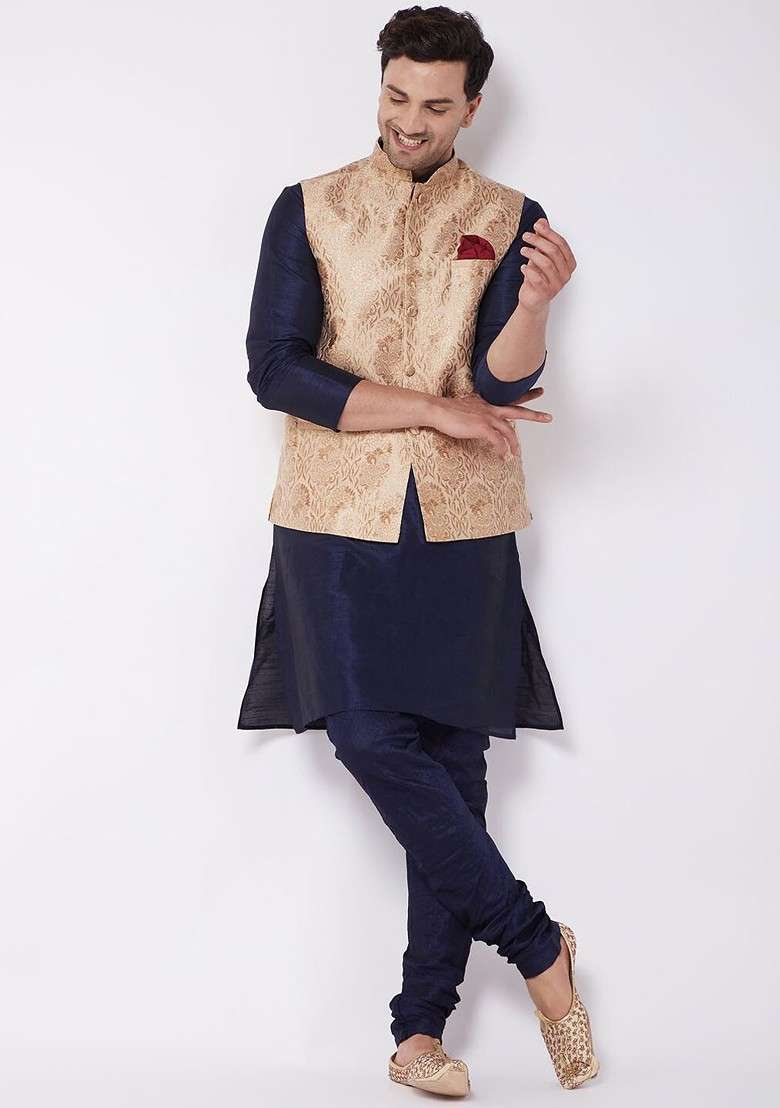 Navy Blue Solid Poly Blend Kurta Set For Men - Indya