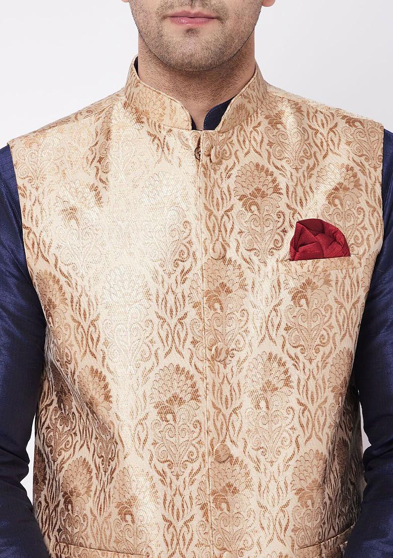 Navy Blue Solid Poly Blend Kurta Set For Men