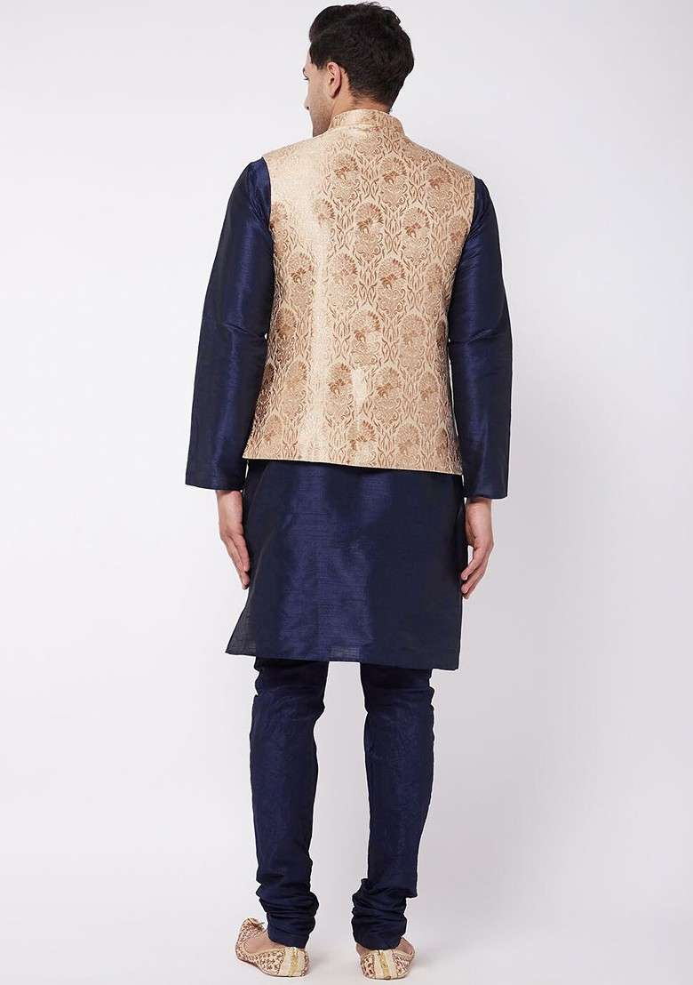 Navy Blue Solid Poly Blend Kurta Set For Men - Indya