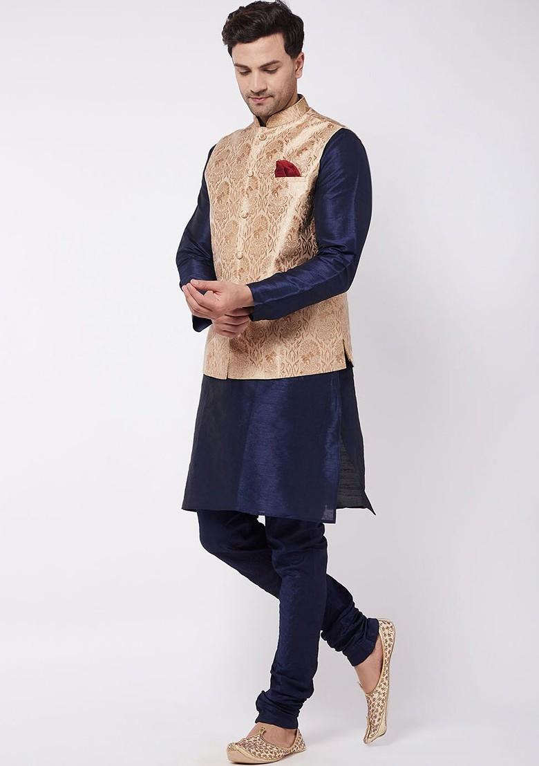 Navy Blue Solid Poly Blend Kurta Set For Men