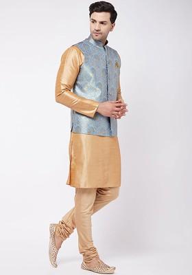 Rose Gold Woven Poly Blend Kurta Set For Men