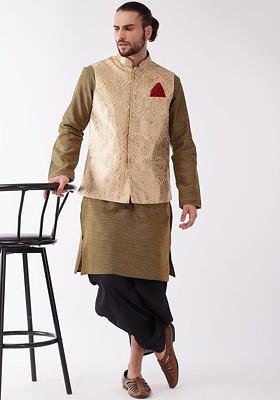Olive Woven Poly Blend Kurta Set For Men