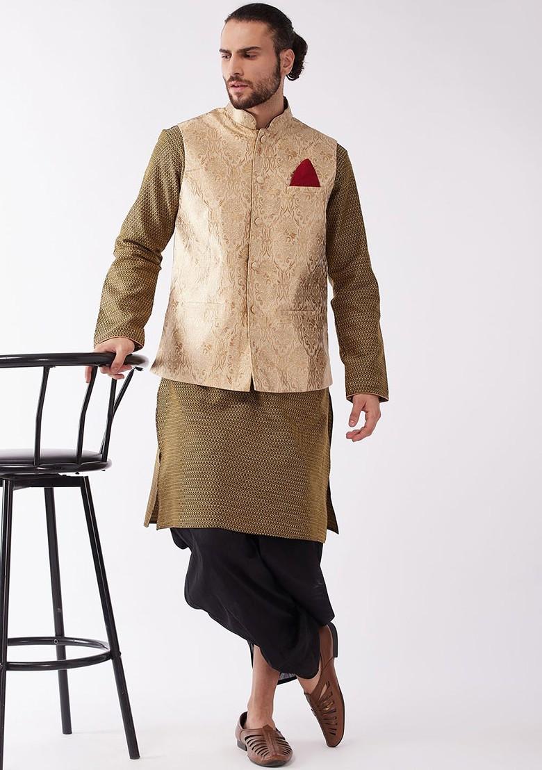 Olive Woven Poly Blend Kurta Set For Men