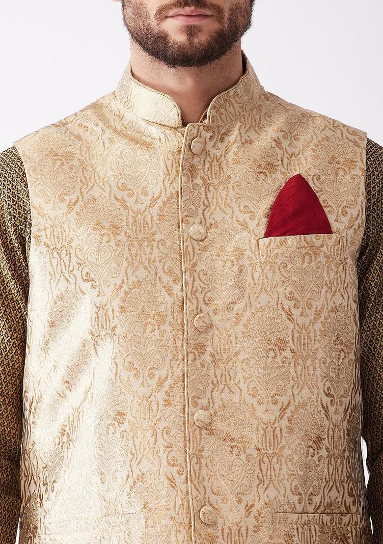 Olive Woven Poly Blend Kurta Set For Men