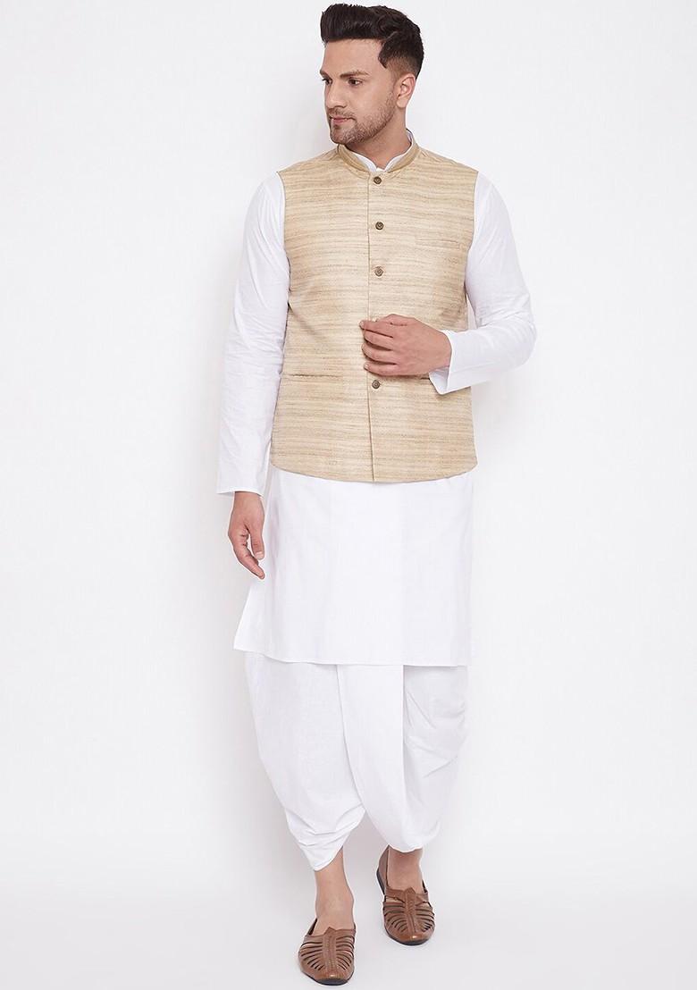 White Woven Poly Blend Kurta Set For Men
