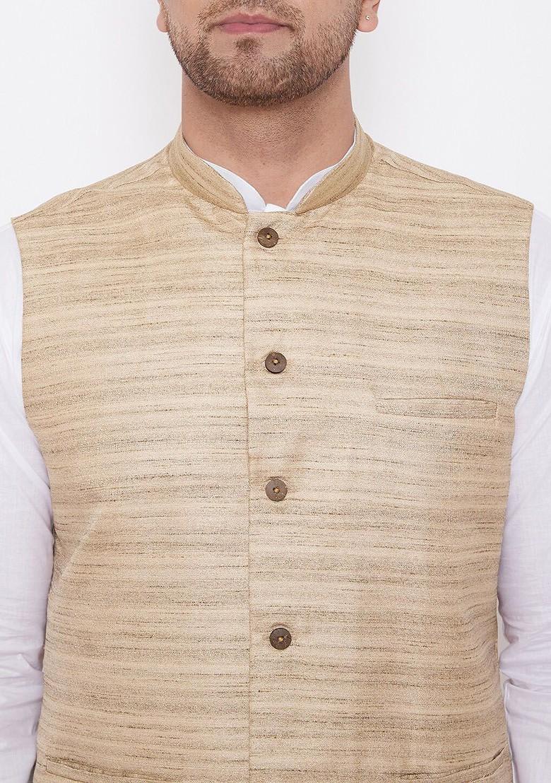 White Woven Poly Blend Kurta Set For Men