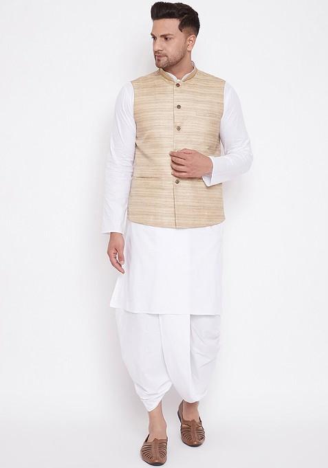 White Woven Poly Blend Kurta Set For Men — view on Indya