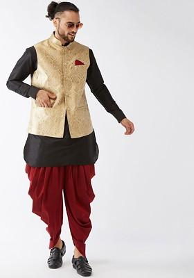 Black Woven Poly Blend Kurta Set For Men