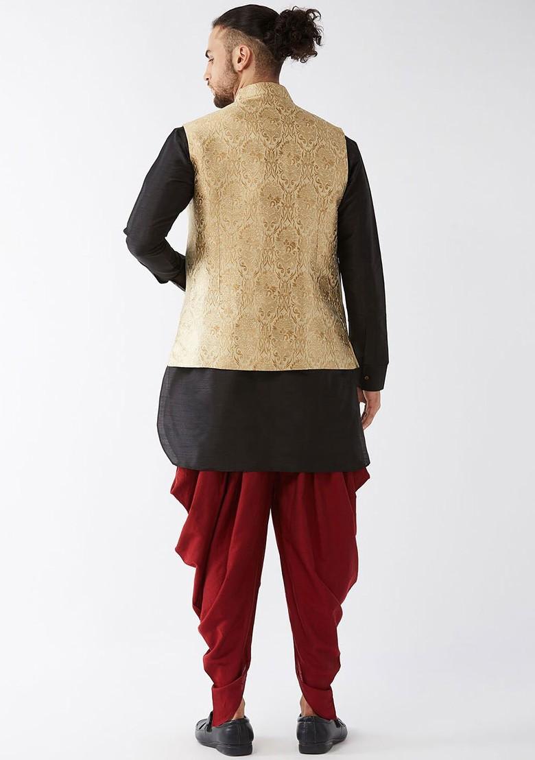 Black Woven Poly Blend Kurta Set For Men