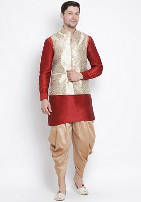 Maroon Woven Poly Blend Kurta Set For Men
