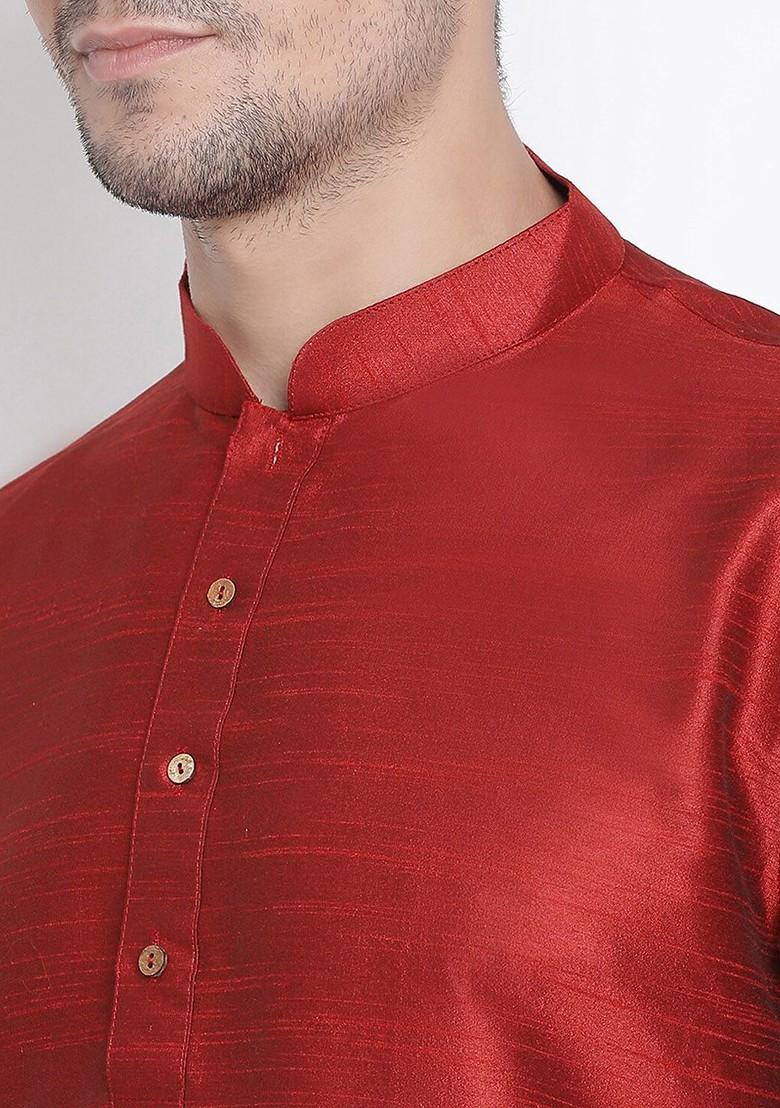 Maroon Woven Poly Blend Kurta Set For Men