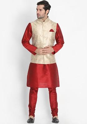 Maroon Woven Poly Blend Kurta Set For Men
