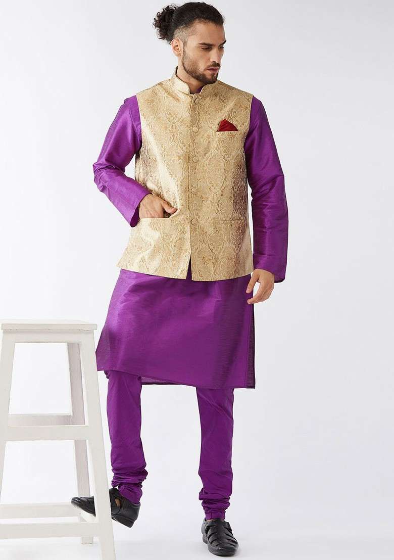 Purple Woven Poly Blend Kurta Set For Men - Indya