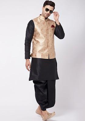 Black Woven Poly Blend Kurta Set For Men