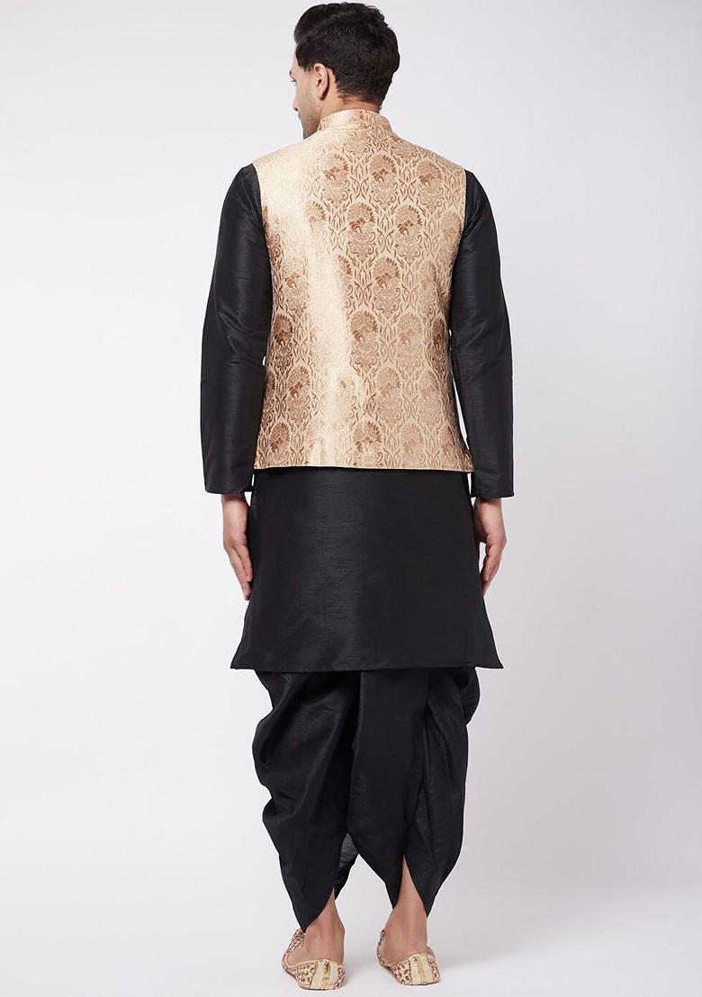 Black Woven Poly Blend Kurta Set For Men