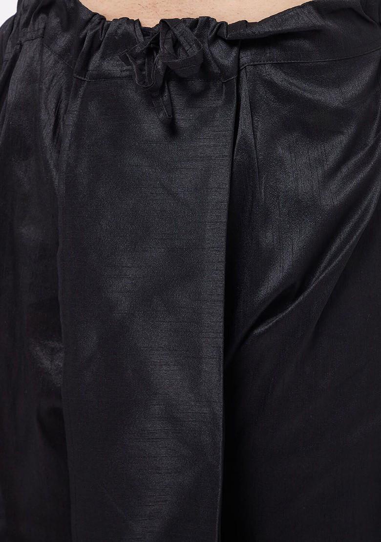 Black Woven Poly Blend Kurta Set For Men