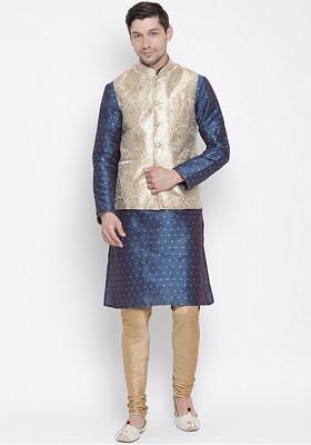 Blue Woven Poly Blend Kurta Set For Men