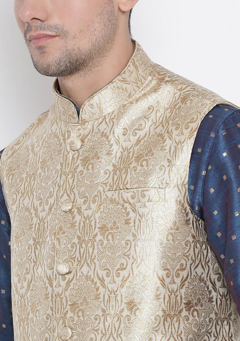 Blue Woven Poly Blend Kurta Set For Men