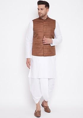 White Solid Cotton Kurta Set For Men
