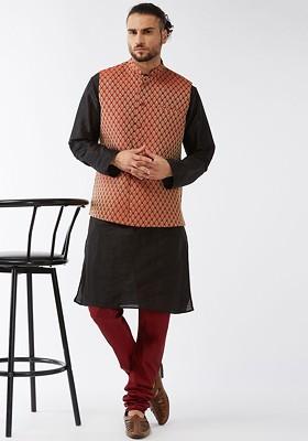 Black Woven Poly Blend Kurta Set For Men