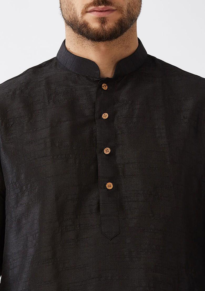Black Woven Poly Blend Kurta Set For Men