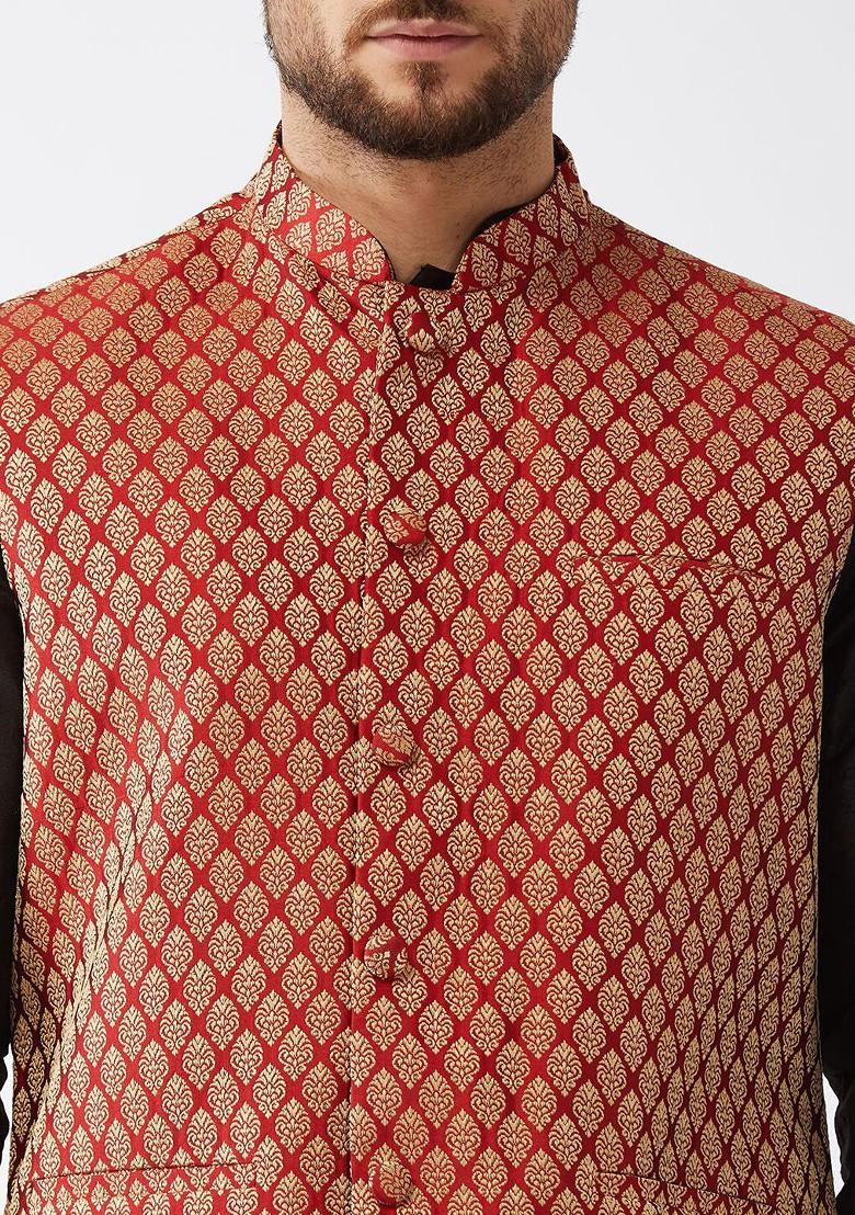 Black Woven Poly Blend Kurta Set For Men