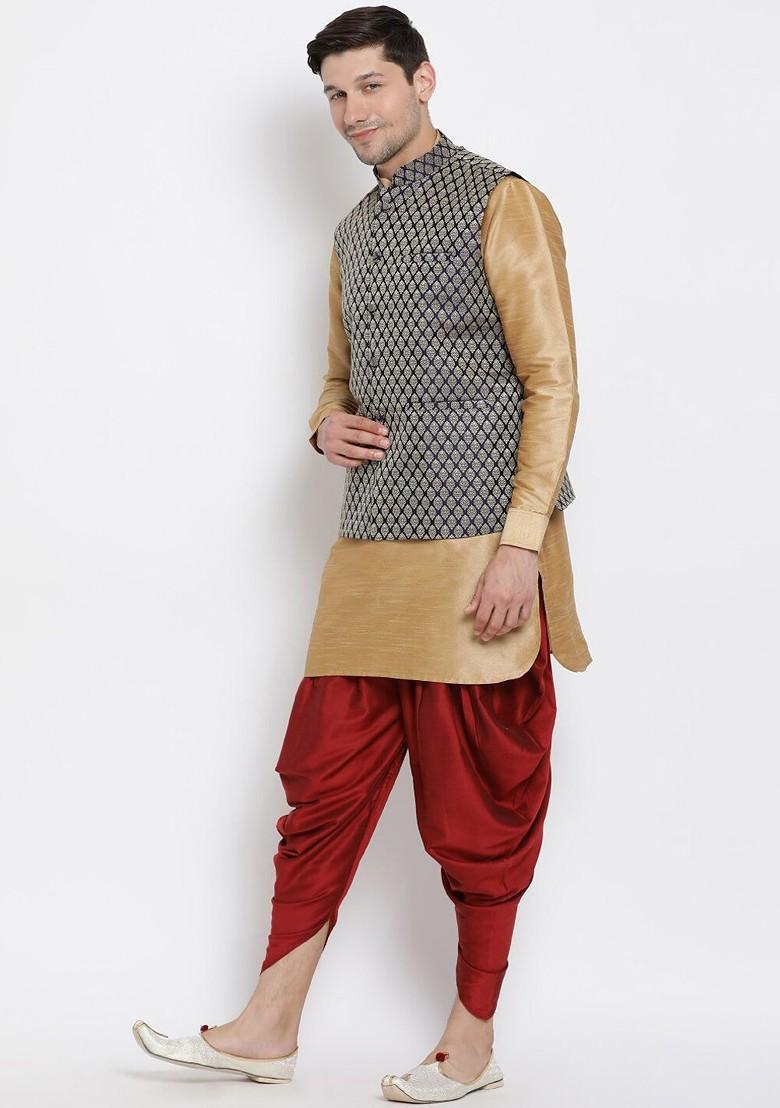 Rose Gold Woven Poly Blend Kurta Set For Men