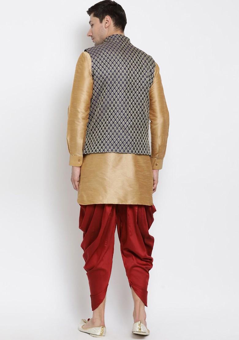 Rose Gold Woven Poly Blend Kurta Set For Men