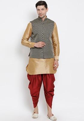Gold Woven Poly Blend Kurta Set For Men